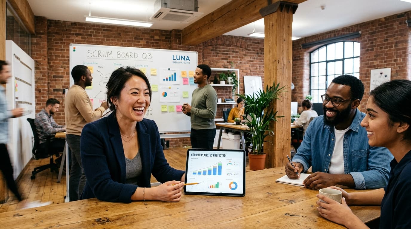 Dynamic tech entrepreneur collaborating with startup team in modern innovation workspace