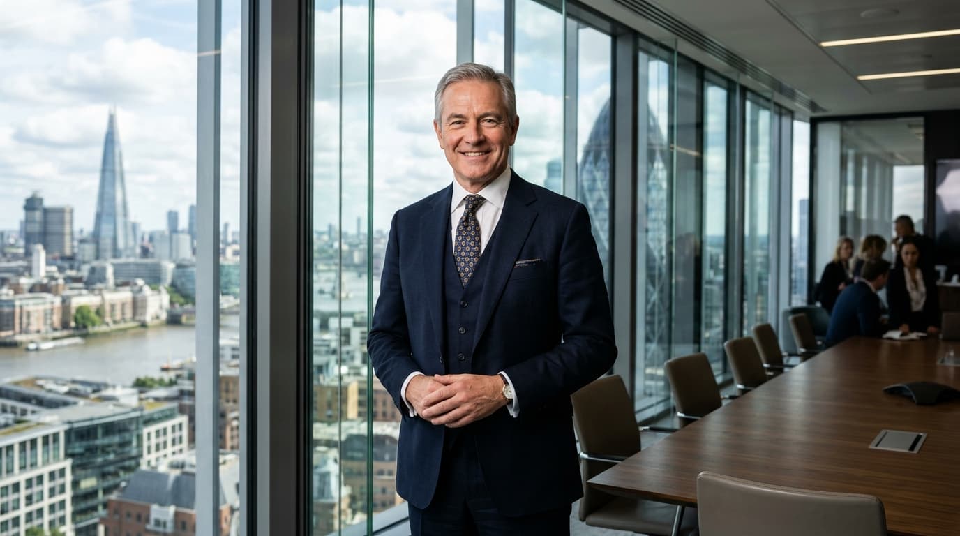 Distinguished CEO and founder standing with leadership confidence in modern boardroom overlooking skyline