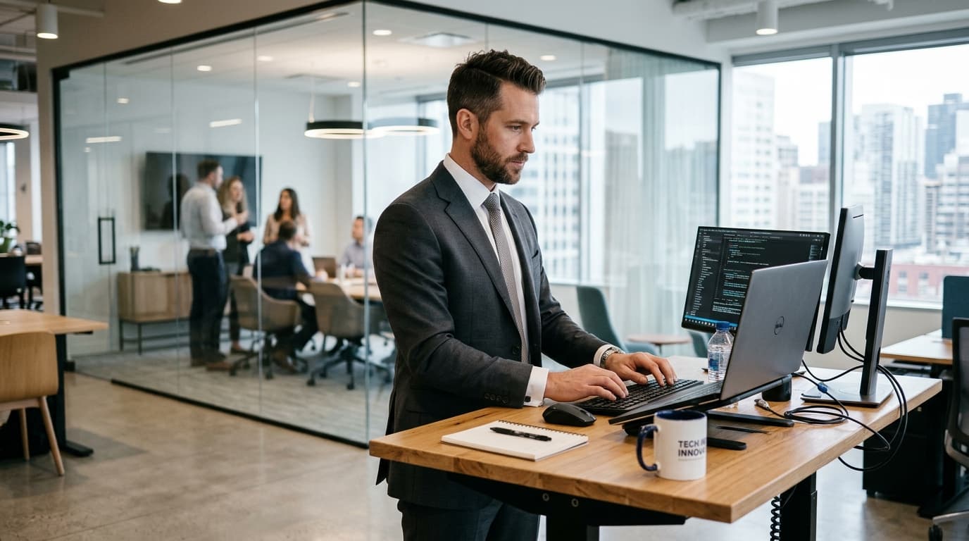 Corporate professional and job seeker working on strategic career growth in modern open office