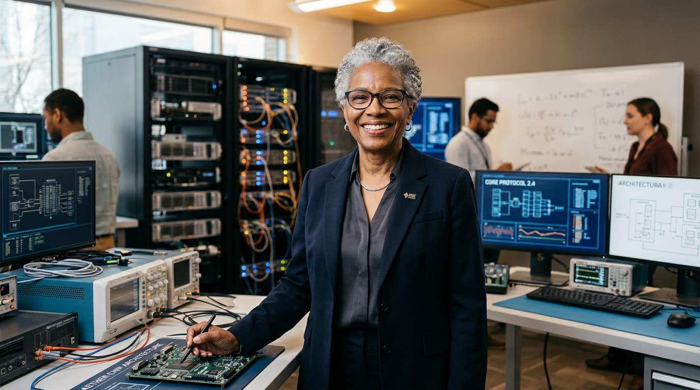 Senior distinguished female industry specialist in high-tech research lab with proven domain authority