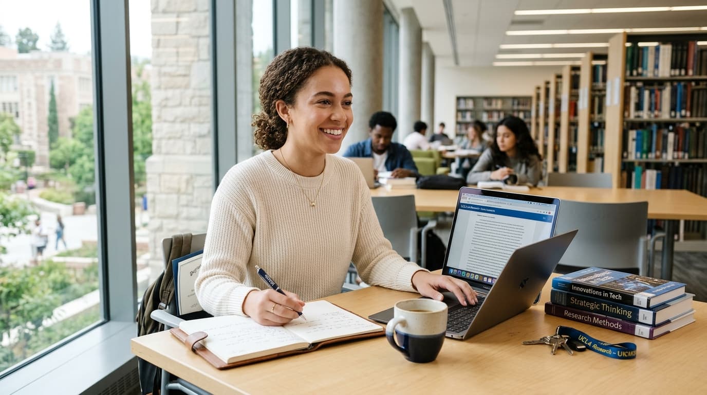 Ambitious college graduate and student preparing career launch on laptop in university library
