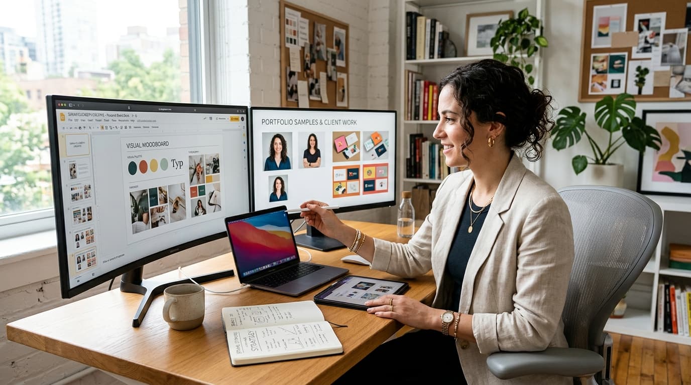 Creative professional working on personal branding presentation, portfolio, and portrait strategy
