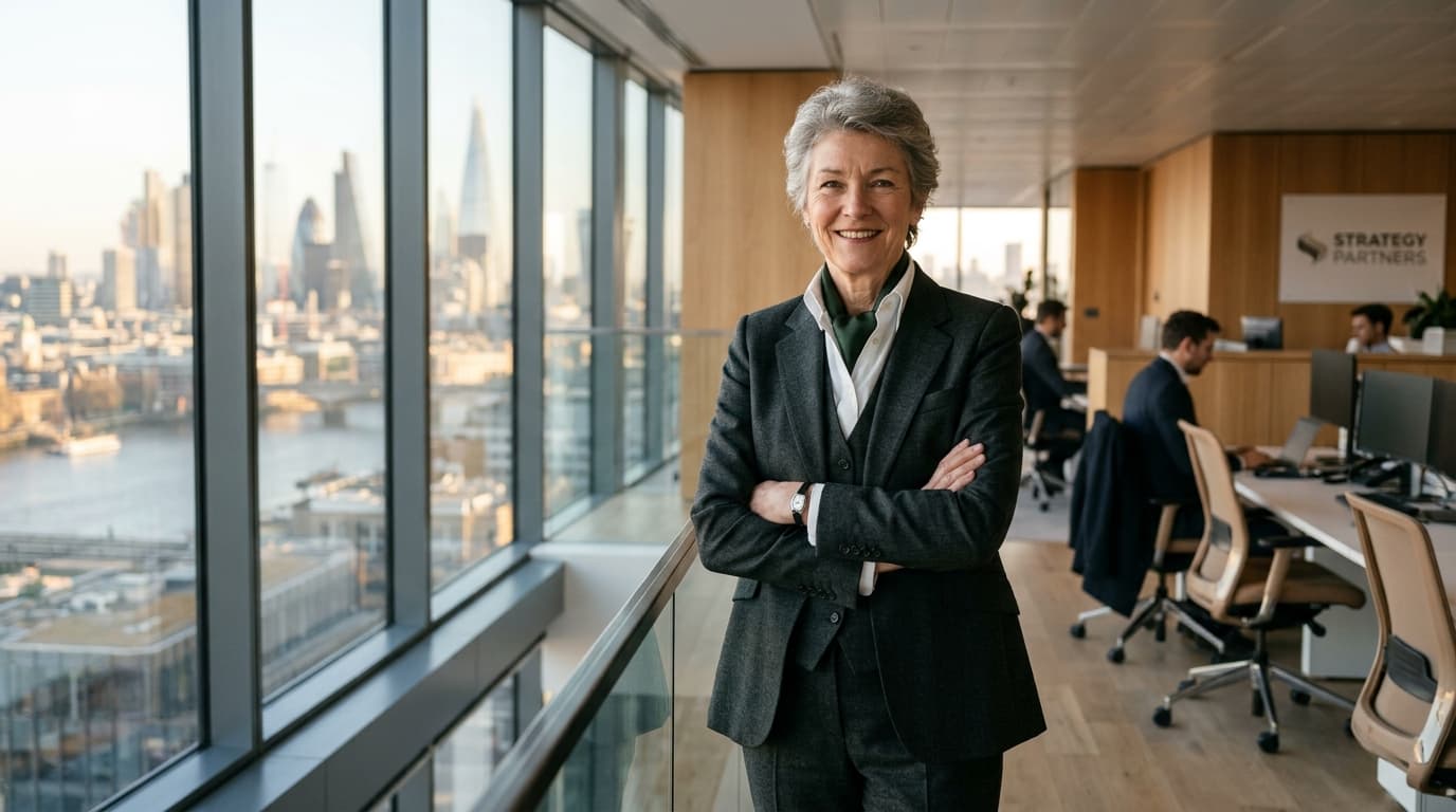 Confident senior business executive conveying trust and leadership in corporate office