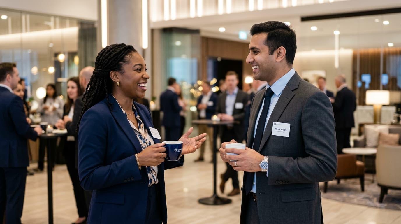 Two business professionals having a meaningful networking conversation in an executive lounge