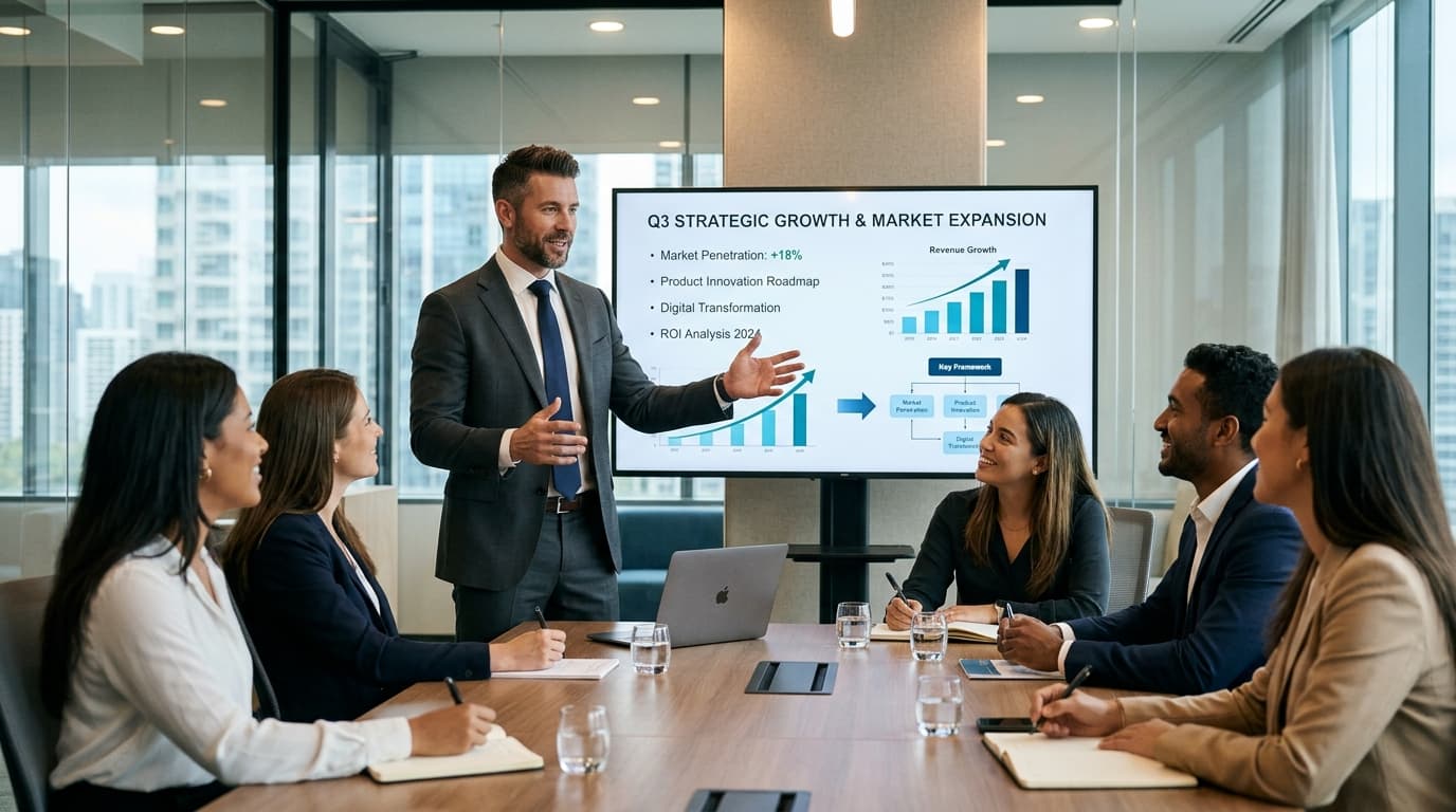 Business professional presenting strategic value and growth insights to colleagues in boardroom