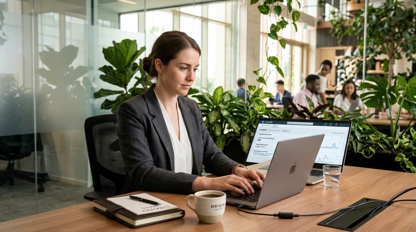 Professional reviewing LinkedIn profile search analytics and visibility metrics on laptop