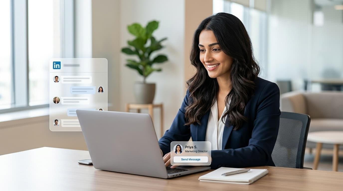 Human-Led Networking — Businesswoman managing genuine professional conversations on laptop